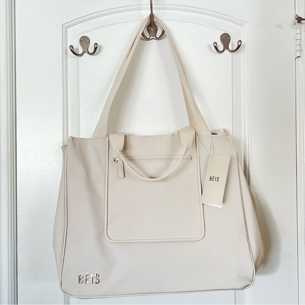 BEIS Cream-White Tote Bag with Front Pocket